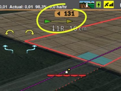 AgOpenGPS Anzeige Zentimeter-Abweichung des Gerätes von der Soll-Spur und Lenkempfehlung.