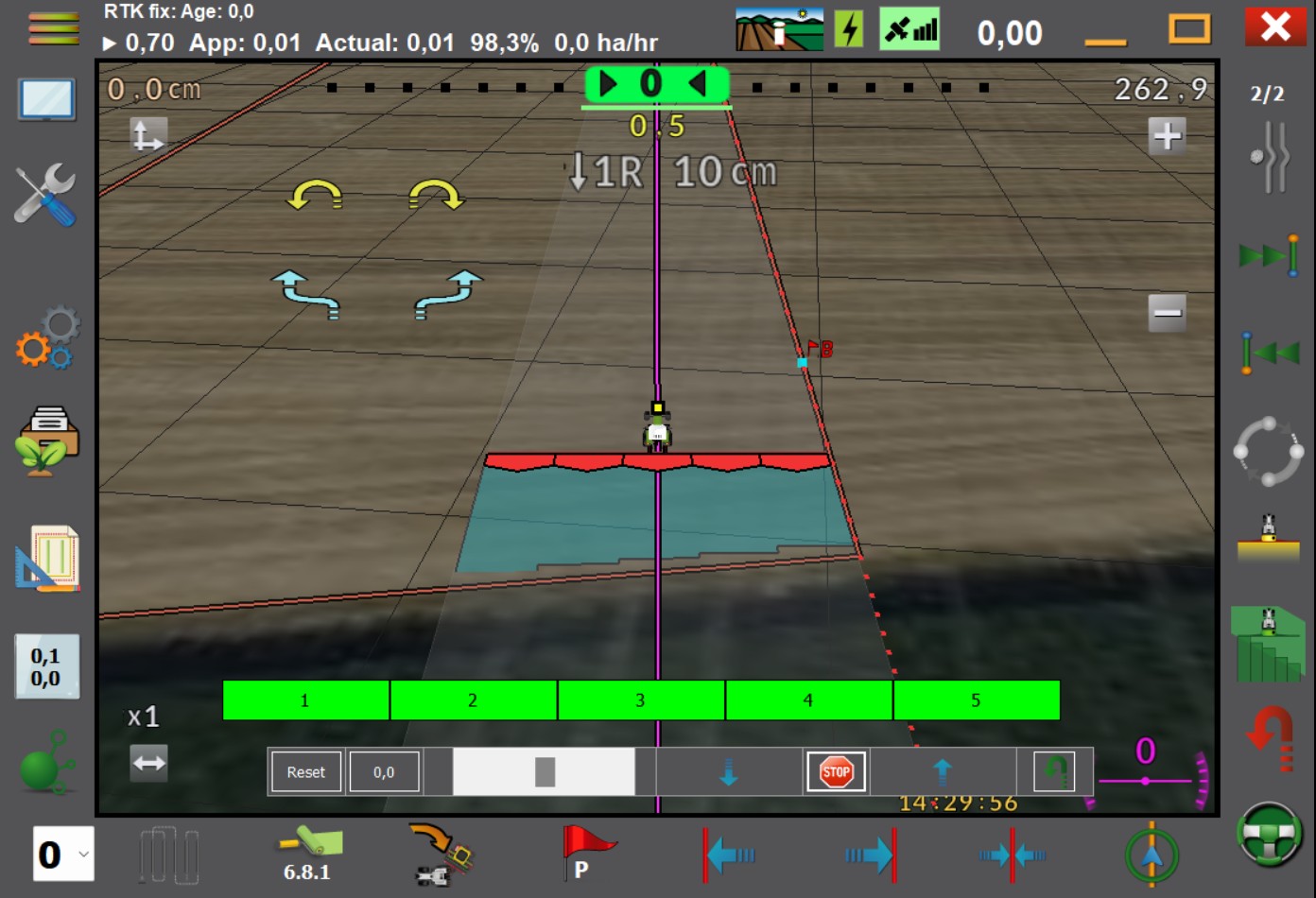 AgOpenGPS Benutzeroberfläche mit 3D-Feldansicht, Section Control Markierung und Fahrspuren für die automatische Lenkung.